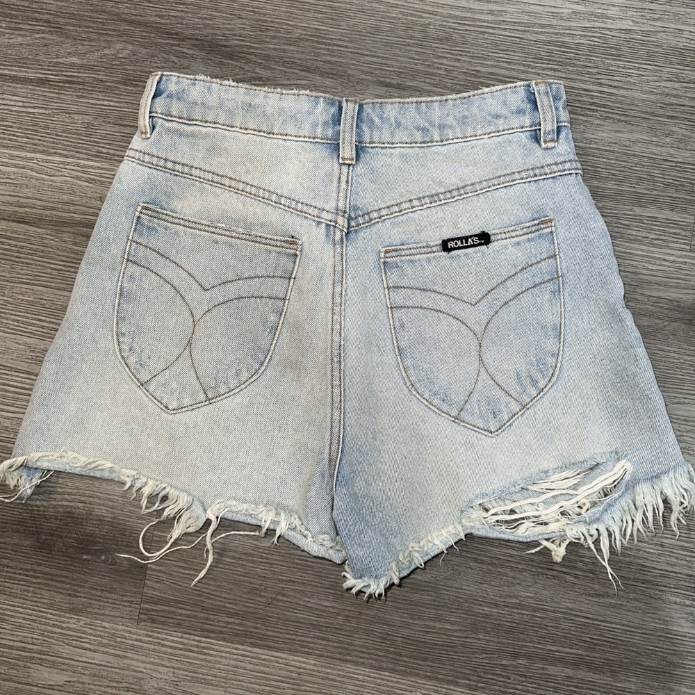 ROLLA'S Dusters High Rise Slim Jean Short Blue Light Wash Women Sz 26 Distressed - Picture 4 of 7